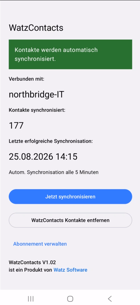 WatzContacts-App vor der Synchronisation mit 177 Kontakten
