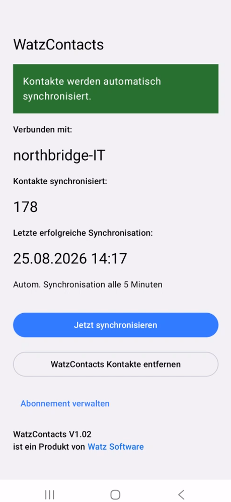 WatzContacts-App nach der Synchronisation mit 178 Kontakten